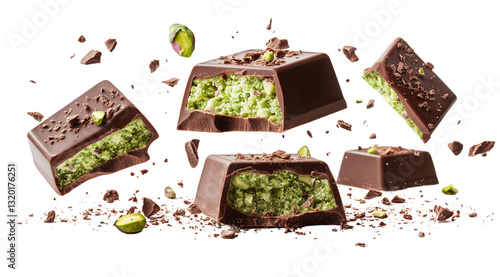 PNG, Dubai chocolate, set of levitating chocolate candies with filling, isolated on white background, created with Generative AI technology