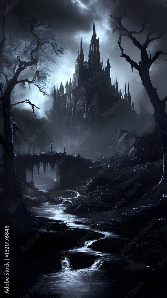 Fototapeta premium Dark Castle Illustration: Gloomy Gothic Architecture, Mystical Stream, and Silhouetted Trees under a Night Sky