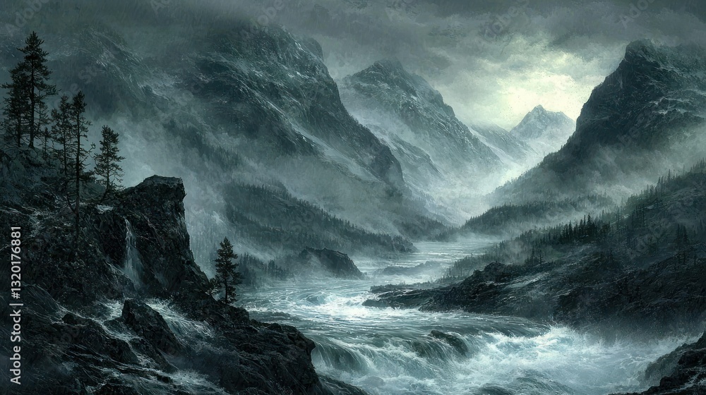 Misty, dark valley with river flowing through mountains under a cloudy sky Misty, dark valley with river flowing through mountains under a cloudy sky