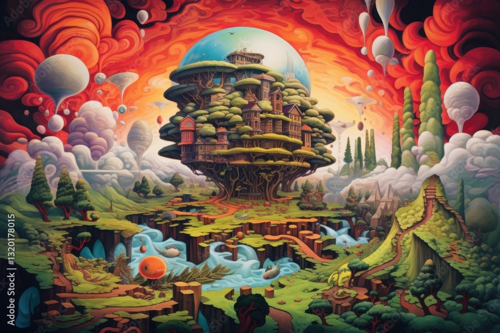 Obraz premium Surreal fantasy landscape featuring a treehouse city beneath dome