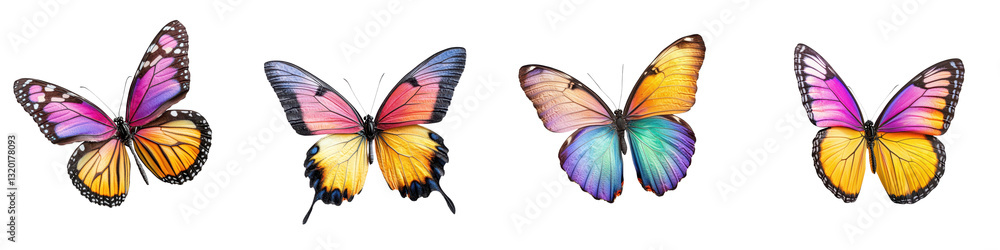 Obraz premium A collection of vibrant colorful butterflies with delicate wings in a naturalistic outdoor setting The butterflies showcase a range of patterns shapes and hues