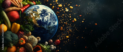 Nourishing Earth: Vibrant fruits and vegetables surround a detailed Earth globe, symbolizing sustainable food and global nourishment.
