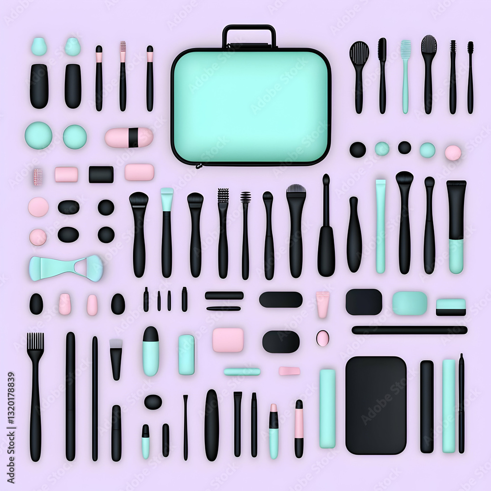 3D Render of Makeup Brushes, Sponges, and Cosmetic Cases Arranged on a Lavender Background 3D Render of Makeup Brushes, Sponges, and Cosmetic Cases Arranged on a Lavender Background