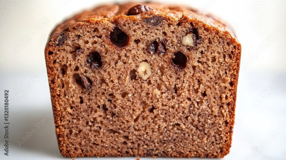 Delicious Freshly Baked Banana Bread Loaf with Nuts and Chocolate Chips on a Light Background Delicious Freshly Baked Banana Bread Loaf with Nuts and Chocolate Chips on a Light Background