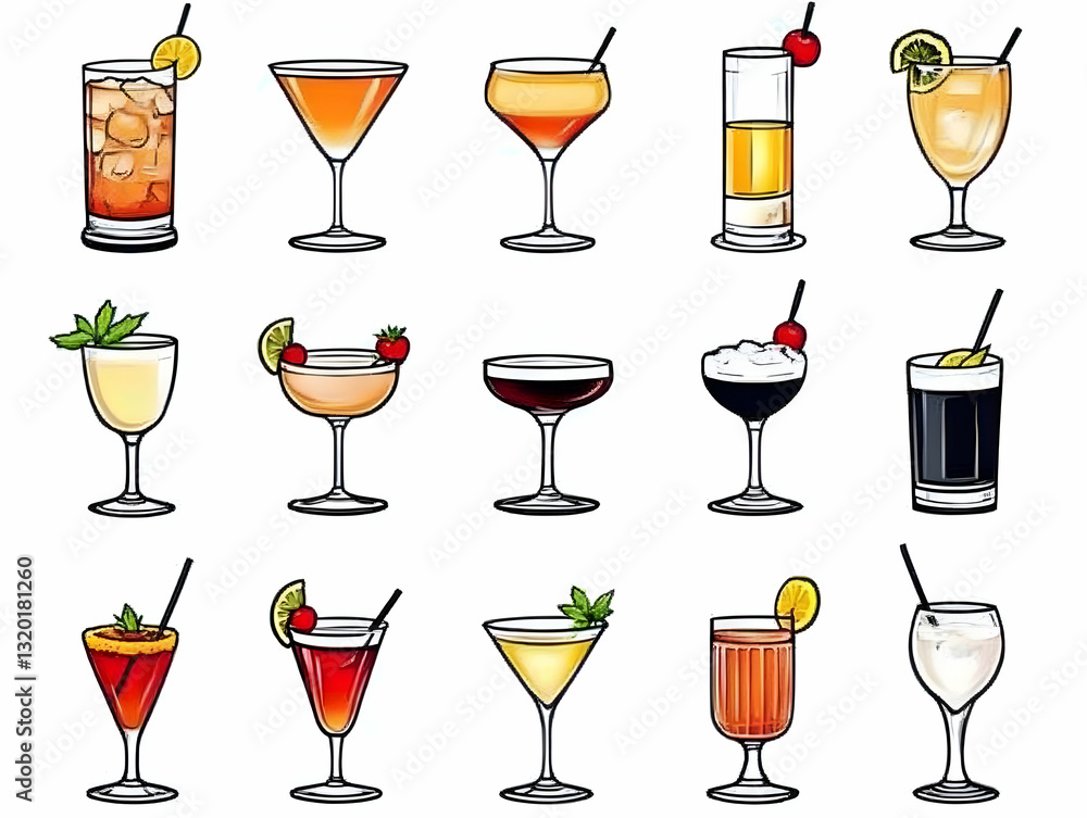 Collection of Colorful Hand-Drawn Cocktail Illustrations Featuring Various Glasses and Garnishes, a Delightful Visual Guide to Mixed Drinks. Collection of Colorful Hand-Drawn Cocktail Illustrations Featuring Various Glasses and Garnishes, a Delightful Visual Guide to Mixed Drinks.