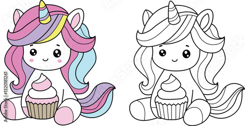 Wallpaper Mural Colorful fantasy unicorn with a Cupcake soft and sweet colors – ideal for kid, color page, stickers and decorative Elements.vector illustration Torontodigital.ca