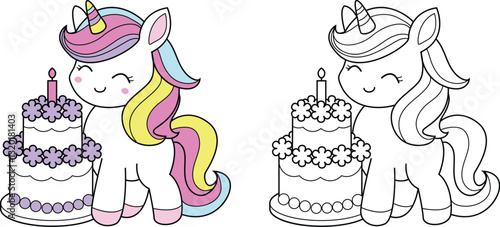 Colorful fantasy unicorn with cake soft and sweet colors – ideal for kid, color page, stickers and decorative Elements.vector illustration