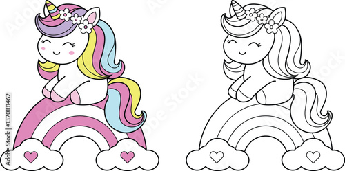 Colorful fantasy unicorn with rainbow soft and sweet colors – ideal for kid, color page, stickers and decorative Elements.vector illustration