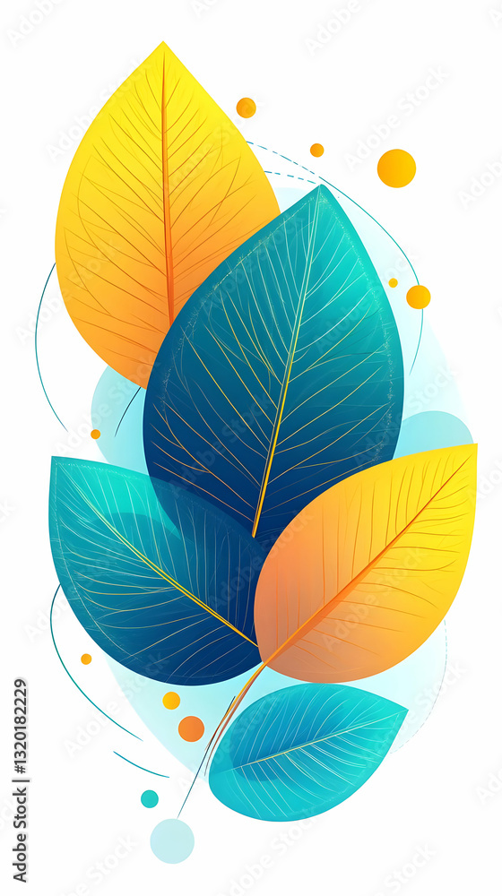 Obraz premium Abstract Illustration of Vibrant Teal and Golden Leaves with a Whimsical, Abstract Background Design