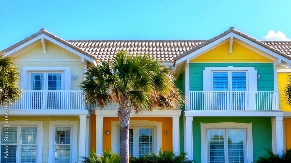 Vibrant Coastal Homes with Palm Trees: A Colorful Row of Houses with White Balconies and Shutters under a Bright Blue Sky Vibrant Coastal Homes with Palm Trees: A Colorful Row of Houses with White Balconies and Shutters under a Bright Blue Sky