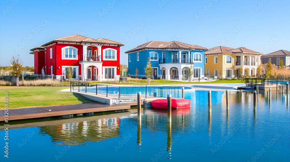 Vibrant waterfront homes with swimming pool reflect in calm water, showcasing diverse architectural design. Vibrant waterfront homes with swimming pool reflect in calm water, showcasing diverse architectural design.