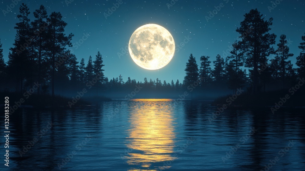 Fototapeta premium Full Moon Over Silhouetted Trees and Calm Lake