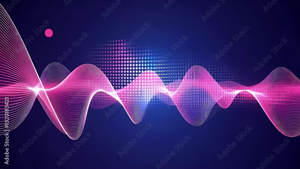 Abstract digital wave pattern in shades of purple and blue on a dark background featuring glowing lights and a dynamic design illustrating modern technology concepts and data visualization with