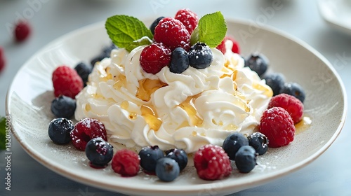 Korean-style croffle with whipped cream, honey drizzle photo