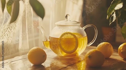 Freshly brewed yuzu tea in a glass teapot. photo