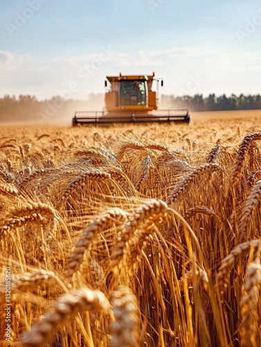 Golden harvest season, Combine working in wheat field during daytime