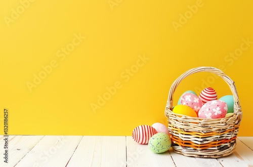 Festive Easter composition with colorful striped eggs in a woven basket on a bright yellow background. With plenty of copy space, perfect for Easter design.