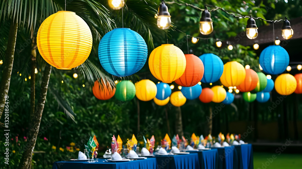 Fototapeta premium Colorful Paper Lanterns Illuminate Outdoor Festive Table Setting at Night