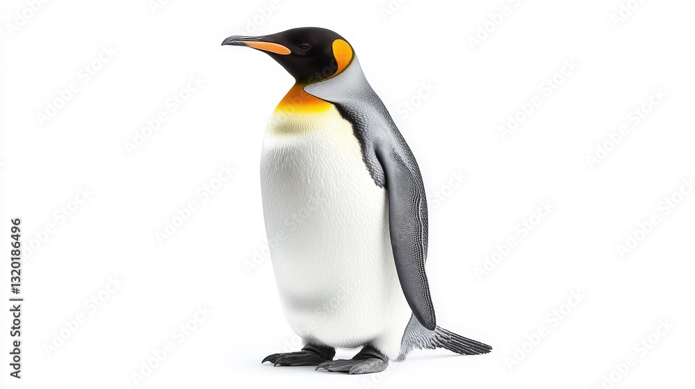 Fototapeta premium A lifelike 3D render of a king penguin poised elegantly, facing left with its head softly tilted right, exuding charm and detail in every feather