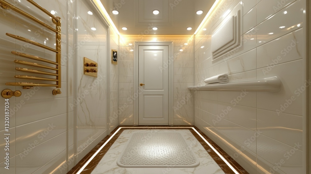 Obraz premium Luxurious minimalist bathroom with gold accents, recessed lighting, and marble walls