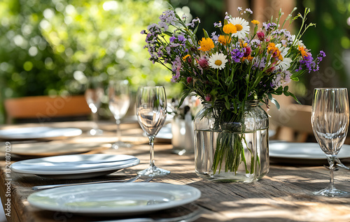 Fototapeta Naklejka Na Ścianę i Meble -  Rustic wildflowers, their colors bright, cheerily brighten this table setting, inviting joyful celebration and warm gatherings around