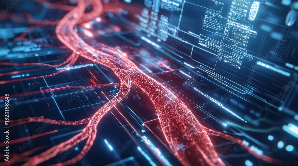 Obraz premium Abstract Digital River with Light Trails and Technology Elements