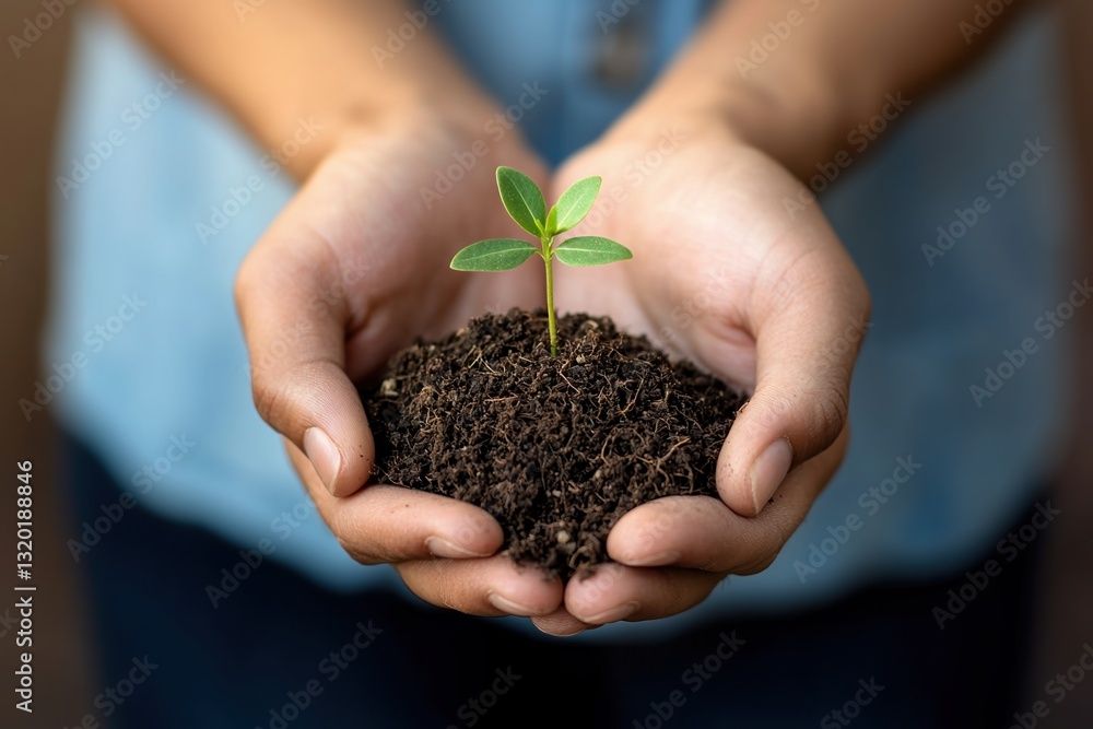 Holistic Wellbeing Positivity Concepts. A person holding a small plant in hands with soil. Holistic Wellbeing Positivity Concepts. A person holding a small plant in hands with soil.