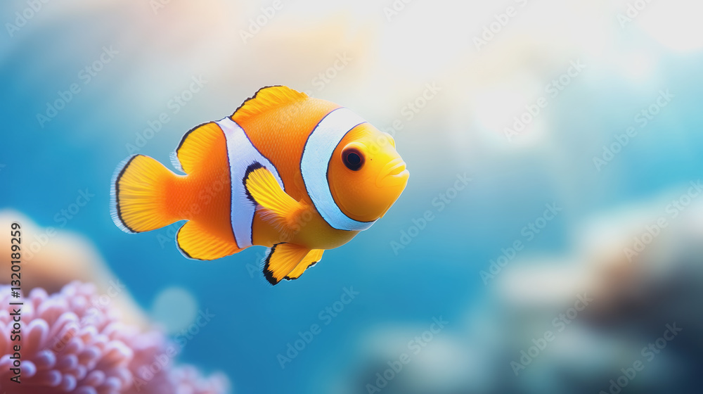 Fototapeta premium Vibrant clown fish swimming gracefully among colorful corals in the clear blue ocean water of a tropical reef
