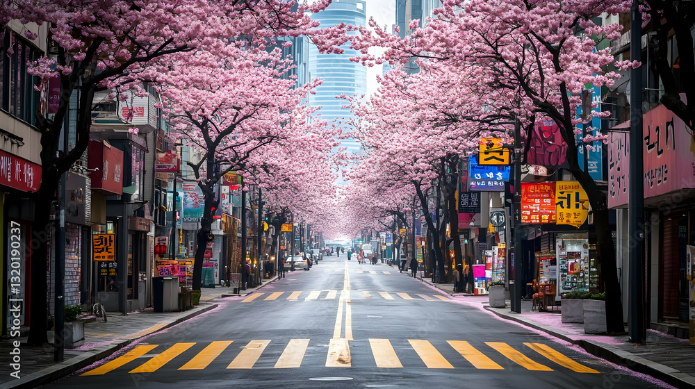Pastel Spring Vibes: Seoul’s Zebra Crossing Under Blossoming Trees
