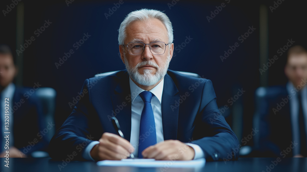 Fototapeta premium Businessman in suit and tie leading a discussion with government officials regarding economic strategies and policies