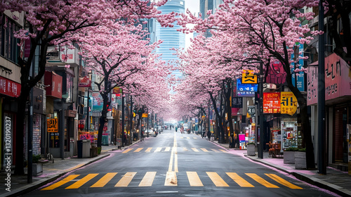 Obraz na płótnie Pastel Spring Vibes: Seoul’s Zebra Crossing Under Blossoming Trees w salonie