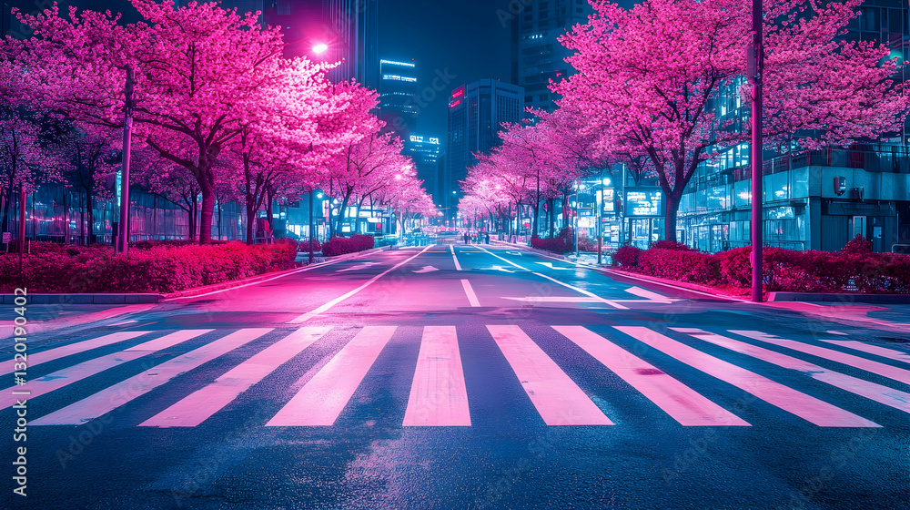 City Meets Nature: Cherry Blossoms Over a Crosswalk in Seoul