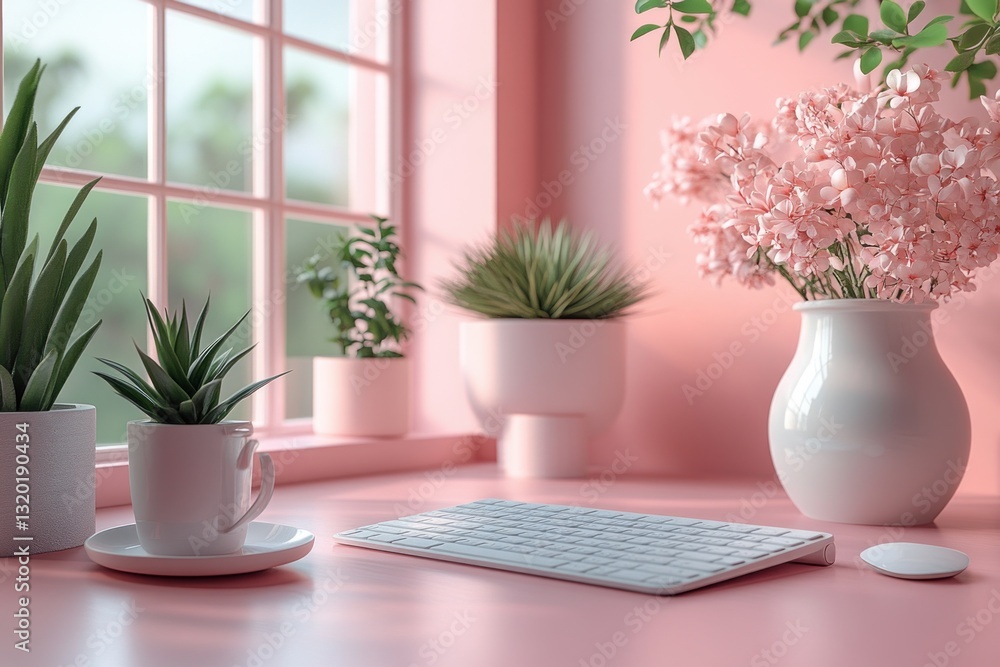 Fototapeta premium Minimalistic Workspace with Pastel Pink Background and Stationery