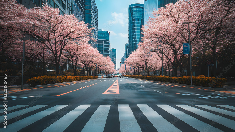 City Meets Nature: Cherry Blossoms Over a Crosswalk in Seoul