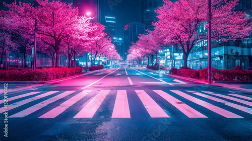 Obraz na płótnie City Meets Nature: Cherry Blossoms Over a Crosswalk in Seoul w salonie