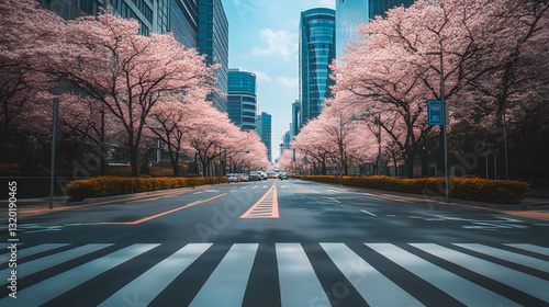 Obraz na płótnie City Meets Nature: Cherry Blossoms Over a Crosswalk in Seoul w salonie