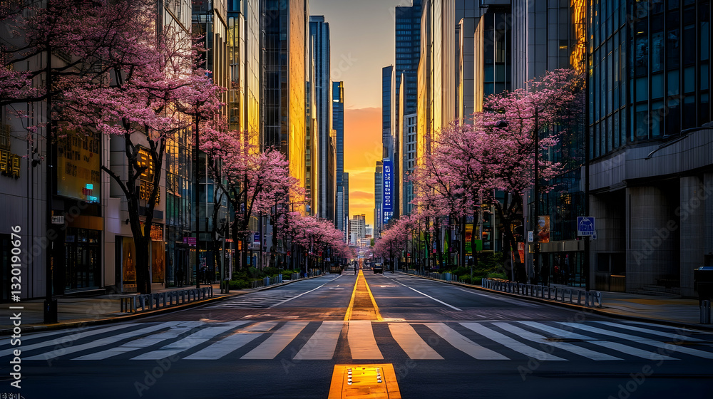 Sakura Season in Seoul: Street Scene with a Zebra Crossing