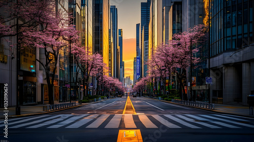 Obraz na płótnie Sakura Season in Seoul: Street Scene with a Zebra Crossing w salonie