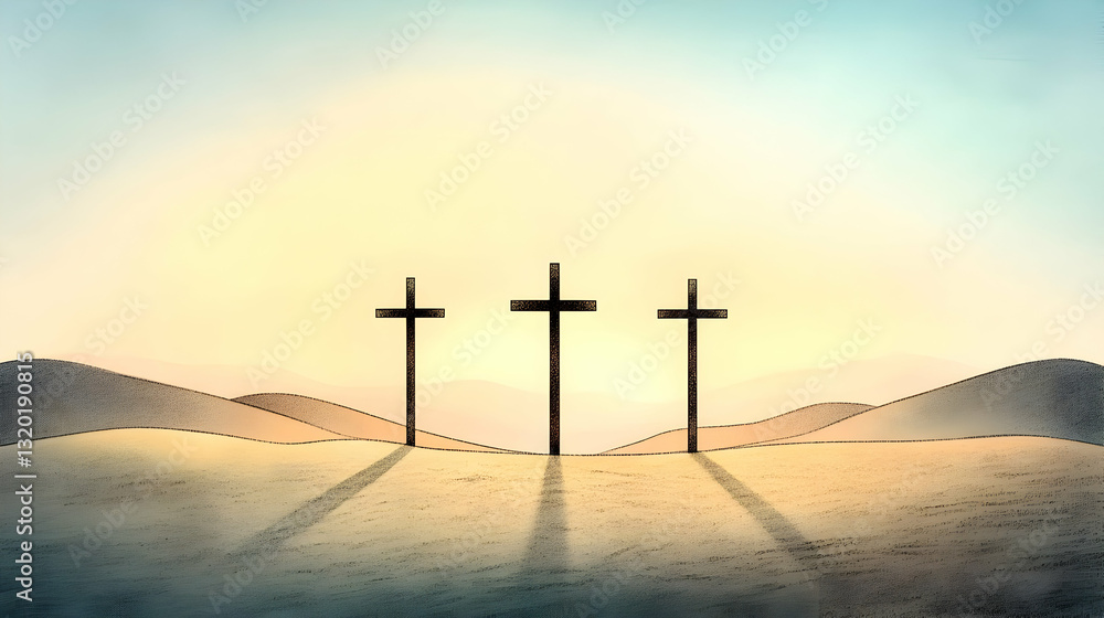 Naklejka premium Stylized Illustration: Three Crosses Silhouette Against a Sunset Landscape