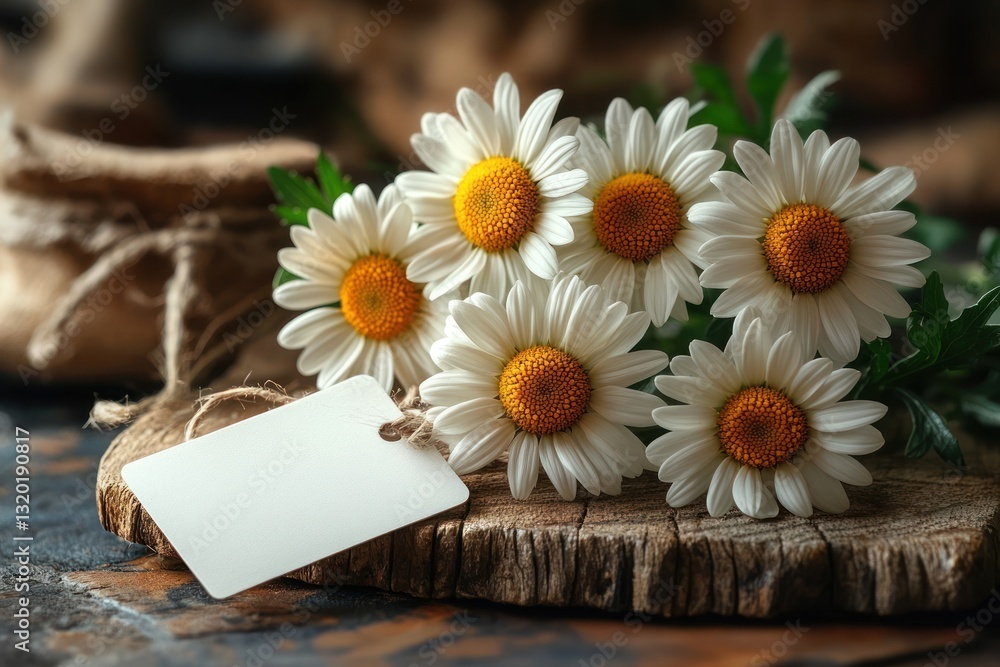 Obraz premium Daisies with Blank Paper Tag on Wooden Table in Soft Natural Light