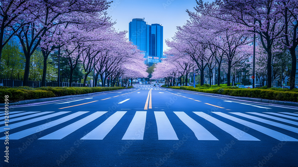 Urban Spring Charm: Zebra Crossing Amid Cherry Blossoms