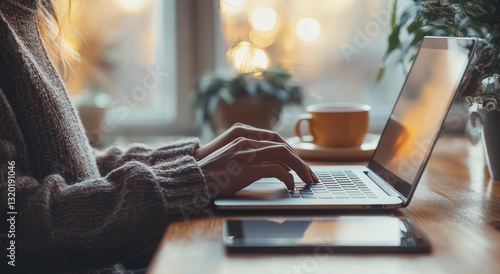 Closeup of man hands typing on laptop on wooden table with coffee cup and tablet in background warm tones natural light