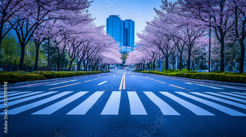 Obraz na płótnie Urban Spring Charm: Zebra Crossing Amid Cherry Blossoms w salonie