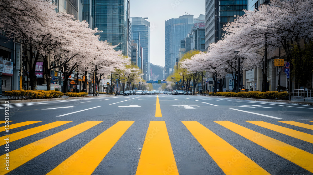 Seoul in Bloom: A Scenic Crosswalk Under Cherry Blossoms