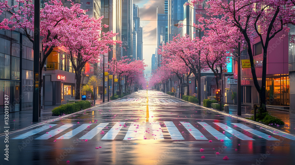 Cherry Blossoms Over a Pedestrian Crossing in Seoul