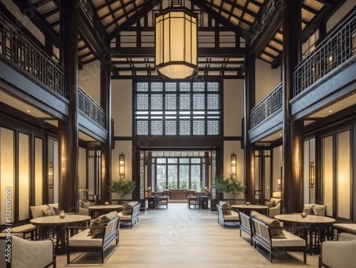 Elegant Asian-style lobby with high ceilings, wooden beams, and comfortable seating.