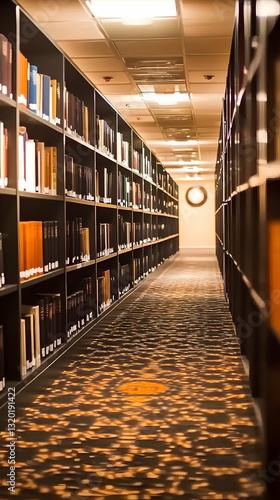 Wallpaper Mural Long library corridor showcases rows of bookshelves filled with numerous volumes, illuminated by warm lighting, creating a serene and scholarly atmosphere. Torontodigital.ca