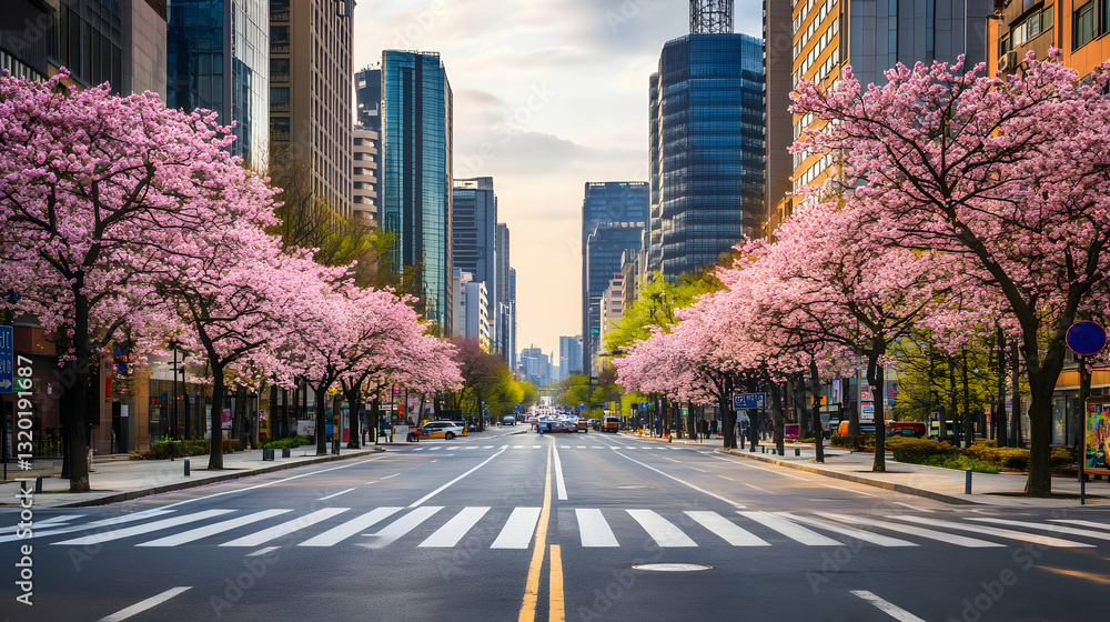 Springtime Stroll: Cherry Blossoms and a Crosswalk in Seoul