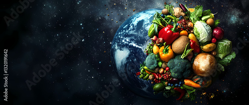 Global Harvest: A stunning visual of Earth cradling an abundance of fresh fruits, vegetables, and ingredients symbolizing global nutrition and environmental consciousness. 