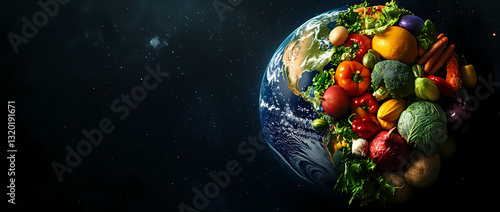 A Fresh Earth: The planet Earth, creatively adorned with an array of fresh vegetables and fruits, forming a visual representation of a healthy ecosystem.